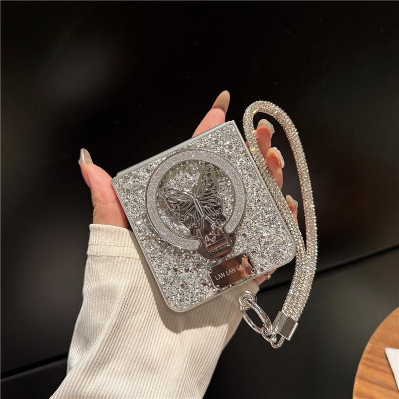 Fashion Glitter Cute Butterfly Stand Holder Phone Case for Samsung Galaxy Z Flip 7 FE 6 5 4 3 Flip6 Flip7 Cover with Chain Cases
