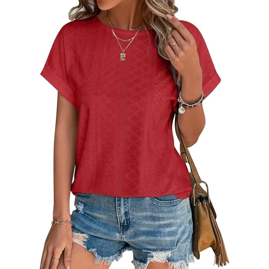 Top Eyelets Summer Spring Curved Hem, Casual Women's Short Sleeved Fashionable T-shirt Beach Vacation Short Style