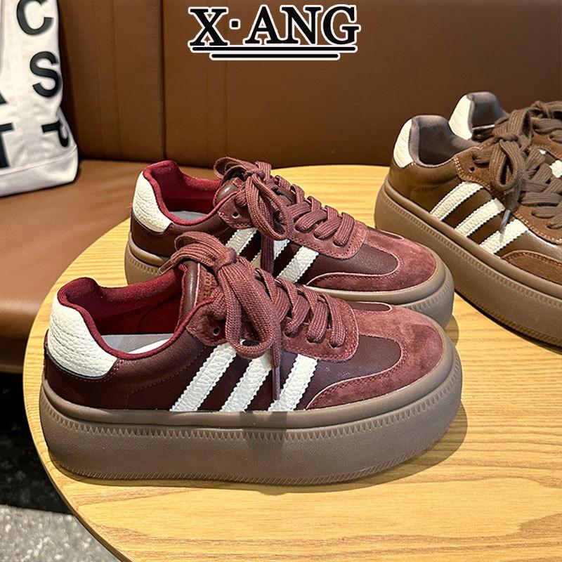 Czerwone platformy skórzane damskie buty Ankola jesień i zima nowe wszechstronne retro buty na platformie codzienne buty sportowe