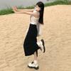 Denim Skirt High Waist Split A Line With Vintage Wash For Summer Casual Wear