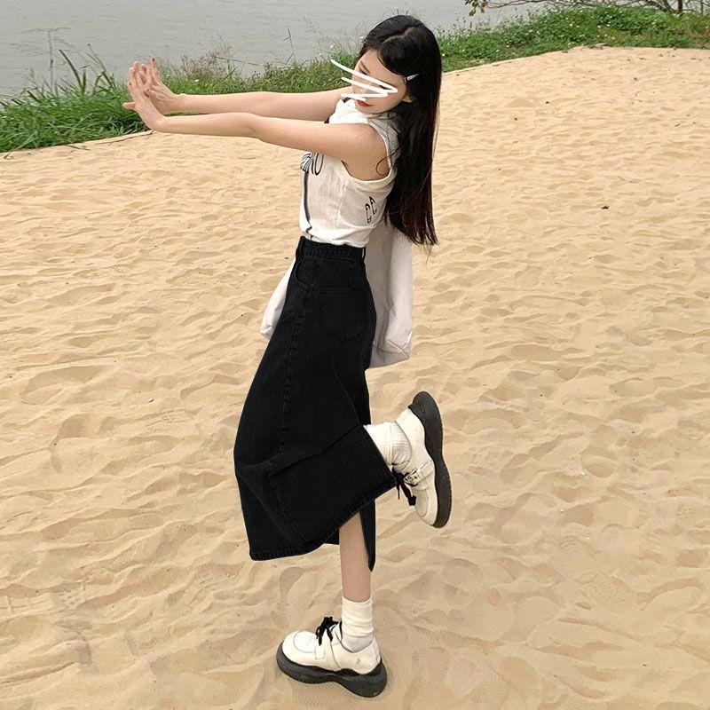 Denim Skirt High Waist Split A Line With Vintage Wash For Summer Casual Wear