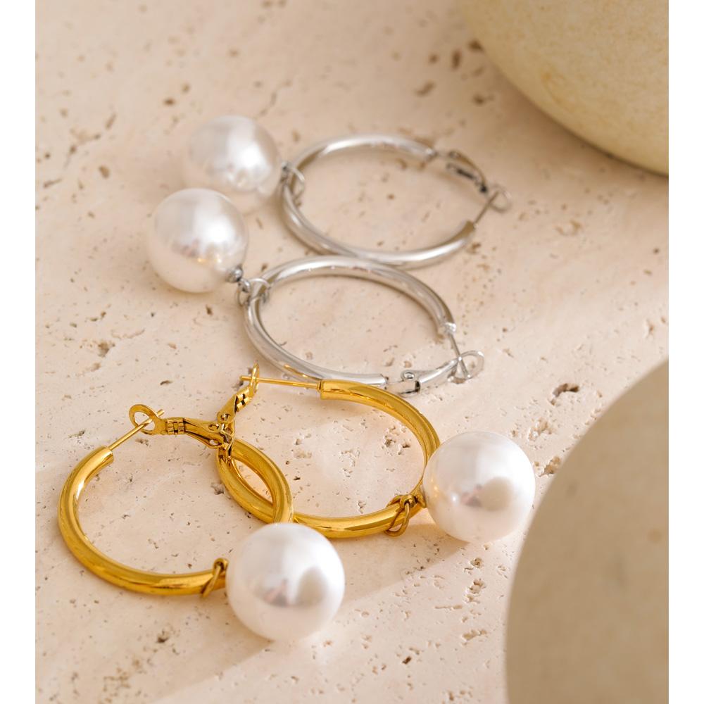 Eetit Pearl Drop Dangle Hoop Earrings Round Imitation Beads Fashion Daily Stainless Steel Korean Chic Quality Jewelry Waterproof