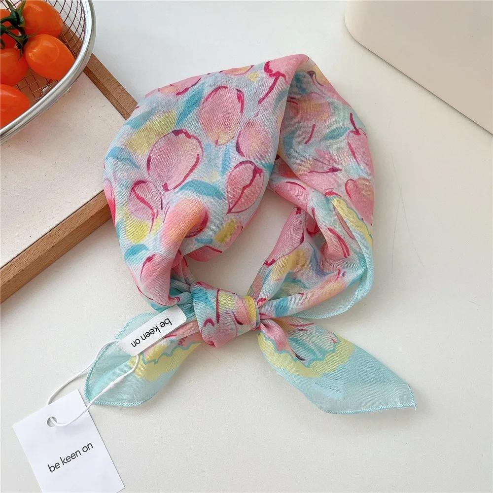 Fashion Floral Print Square Scarf Soft Handkerchief Women Hair Scarf Cotton Linen Head Scarfs Ladies Neck Scarves Summer Autumn