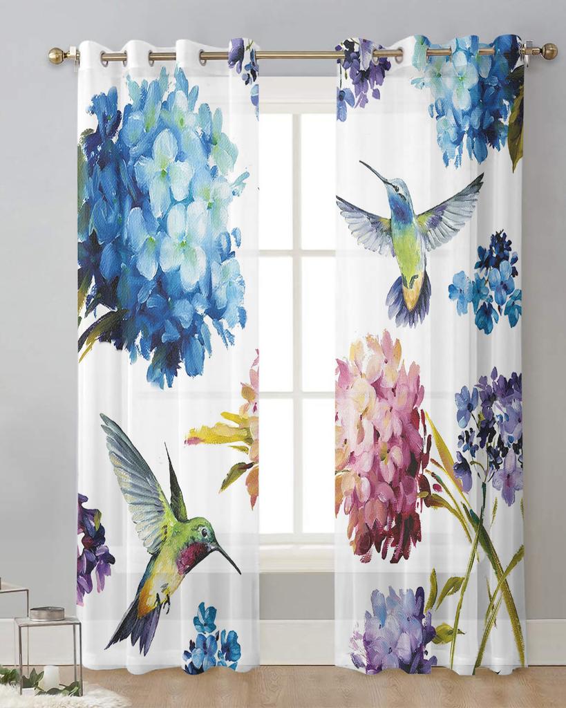 Vintage Květiny Kolibřík Hortenzie Průsvitné Závěsy pro Dekoraci Obývacího Pokoje Okenní Závěsy Kuchyňské Tylové Záclony