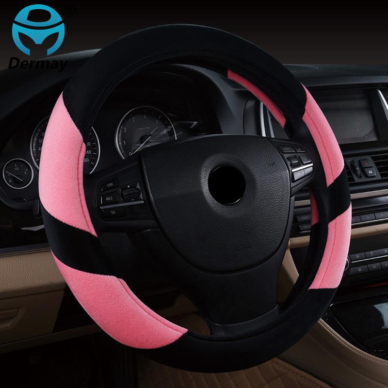 DERMAY Plush Steering Wheel Cover Winter Warm Short Fur 6 Colors Soft Touch Fit Standard Steering Wheel 14-15" High Quality