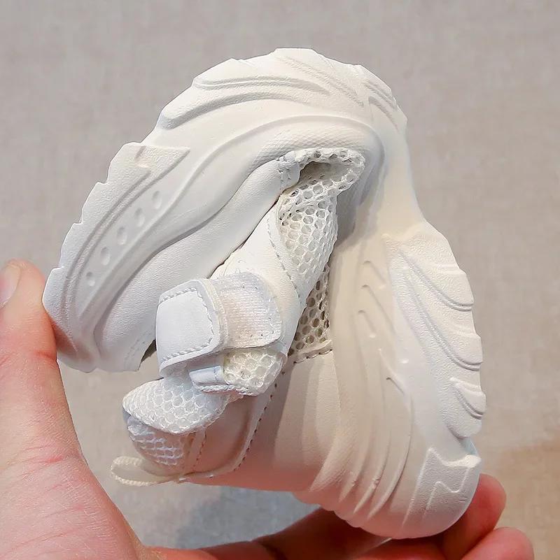 Children White Shoes Mesh Breathable Kids Sneakers Soft Sole 2025 New Fashion Boys Girls Running Shoes Hook&loop Soild Color