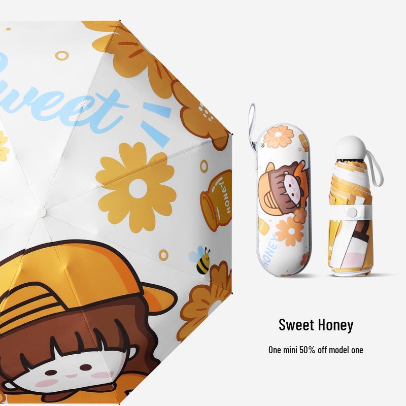 Cartoon Mini Sun & Rain Five-Fold Umbrella for Women - Portable, Sunscreen, and Dual-Use