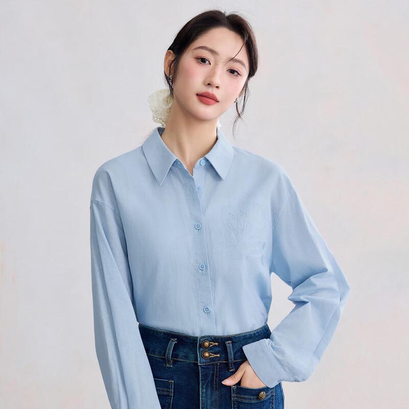 INMAN Women s Linen Blend Embroidered Long-Sleeve Shirt M