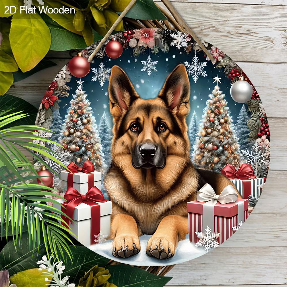 Christmas Wooden Sign with German Shepherd Pattern - Navidad Round Sign for Front Door, Wall Hanging Decor - Ideal Christmas Decoration