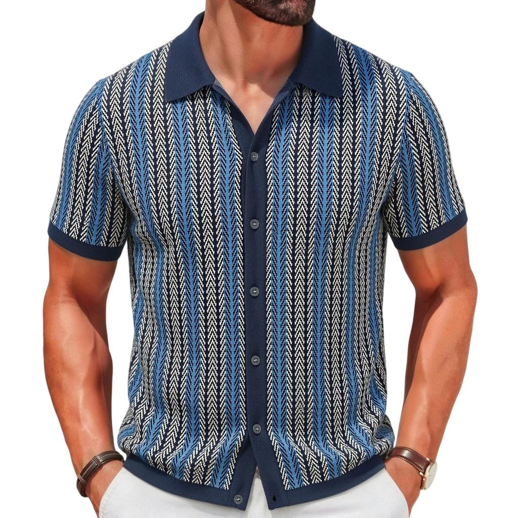 Men's Summer Striped Jacquard Business Polo Shirt - Trendy Short-Sleeved Knitwear