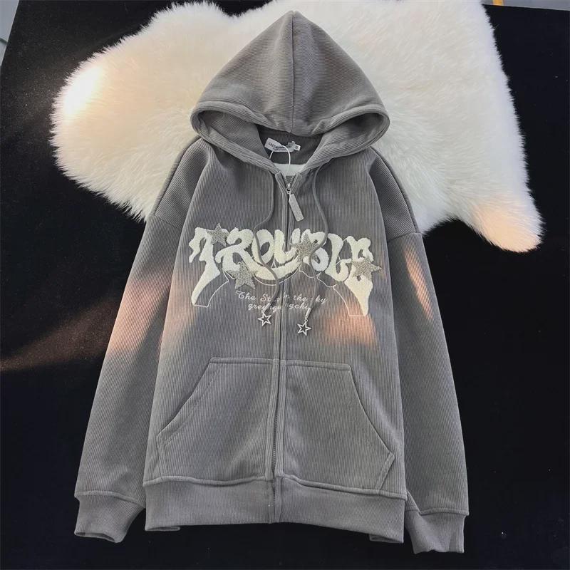 Women's Vintage Star Corduroy Hooded Cardigan - Loose Fit, Trendy Street Style for Spring and Autumn