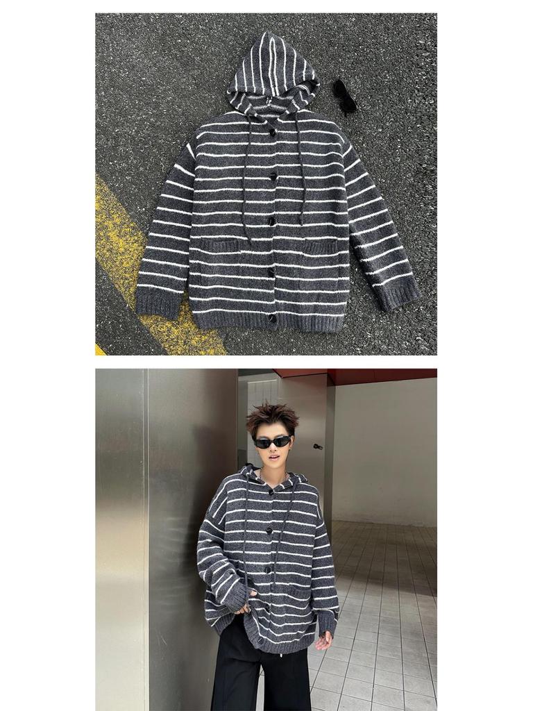 Unisex Retro Striped Color Block Hooded Cardigan Sweater