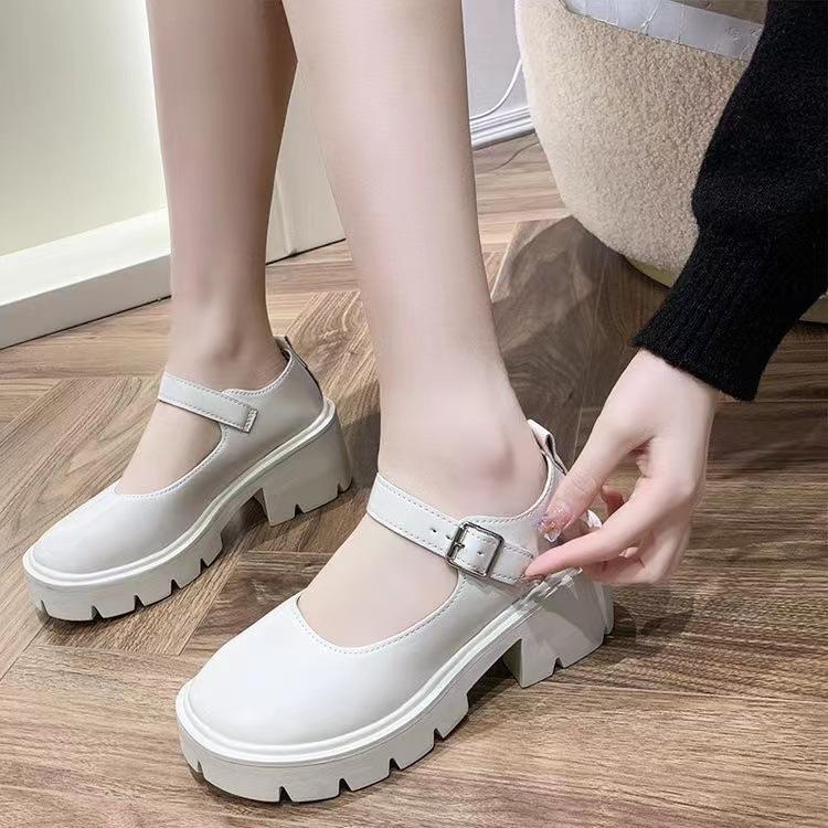 Small leather shoes women's spring new British college style bright leather high heels single shoes round head platform Mary Jane shoes women