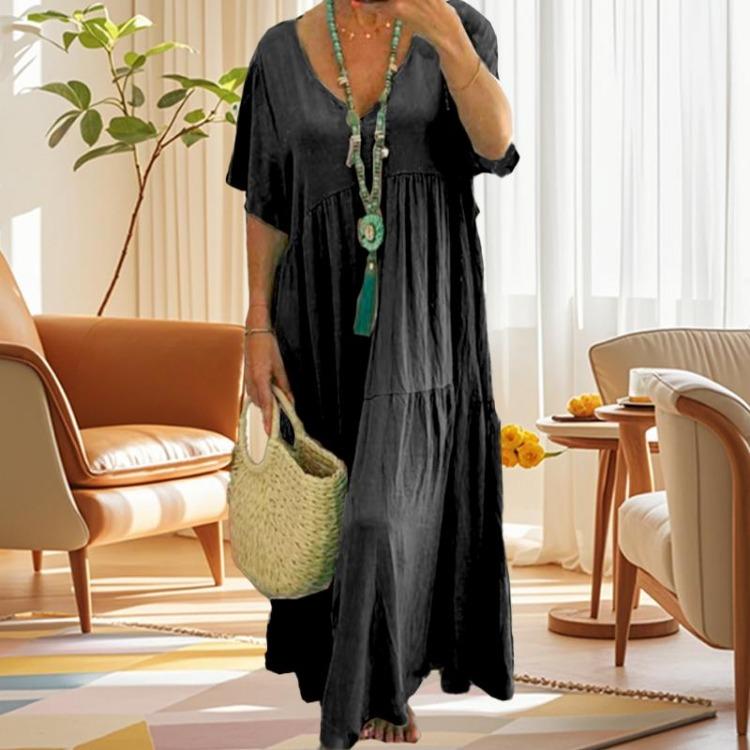 Damen Freizeitkleid Lang Schlichter Stil Einfarbig V-Ausschnitt Baumwolle Weit 1Stk.