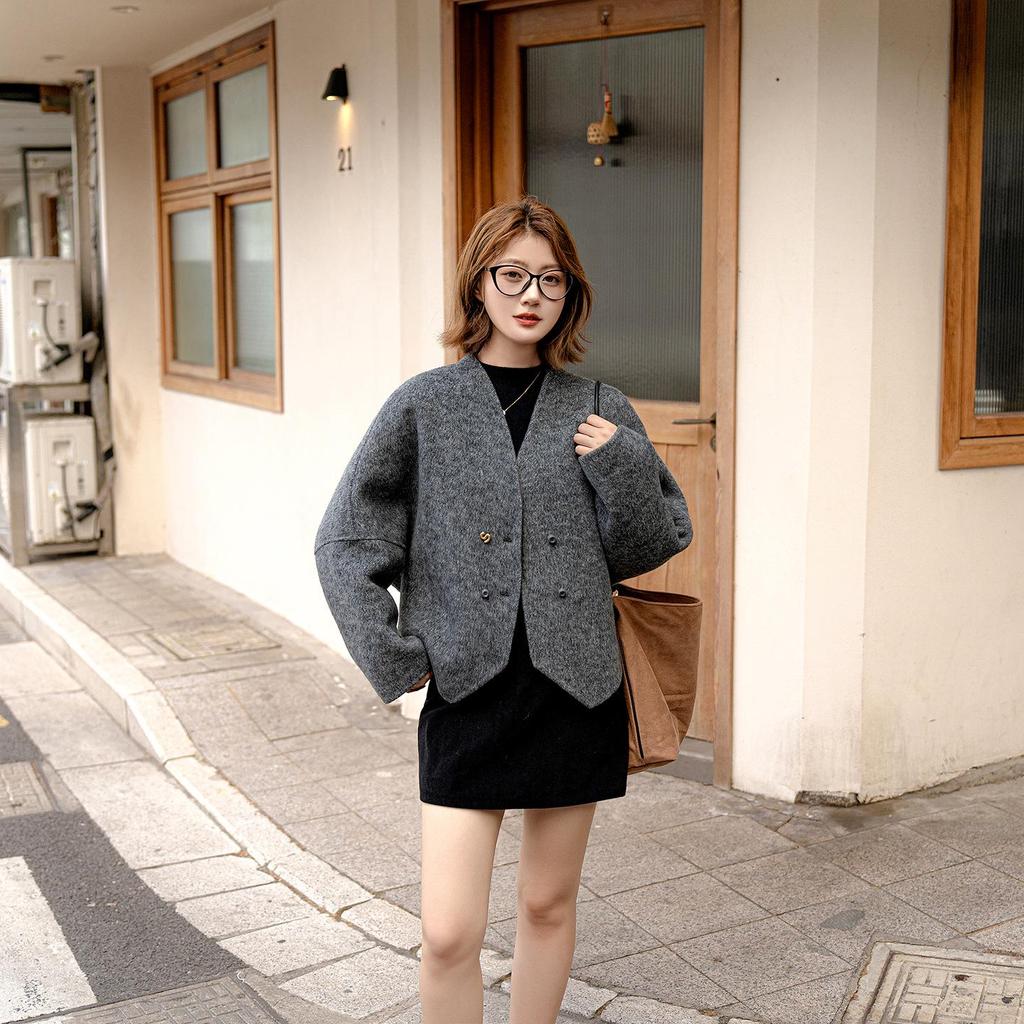 Neuer Petite Damen Kaschmir-Doppelmantel - Koreanischer Stil, Wollmischung, Weite Fledermausärmel, Kurzes Herbst-/Winterdesign