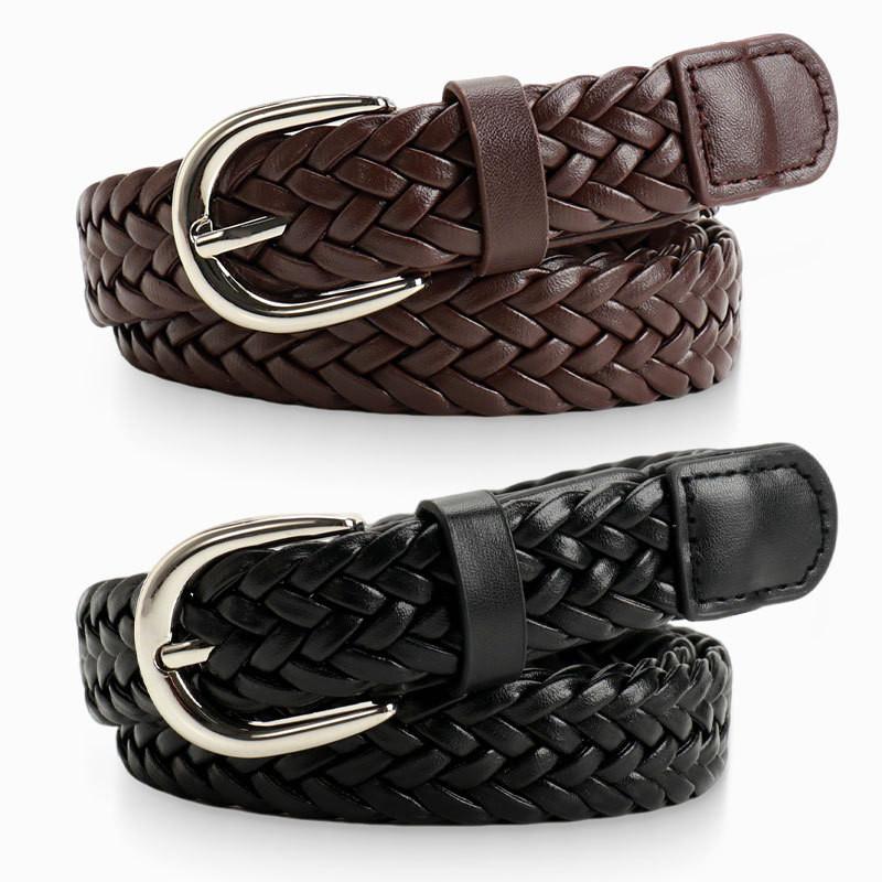 Solid Simple Color Metal Buckle No Punching Imitation Leather Woven Belt Women