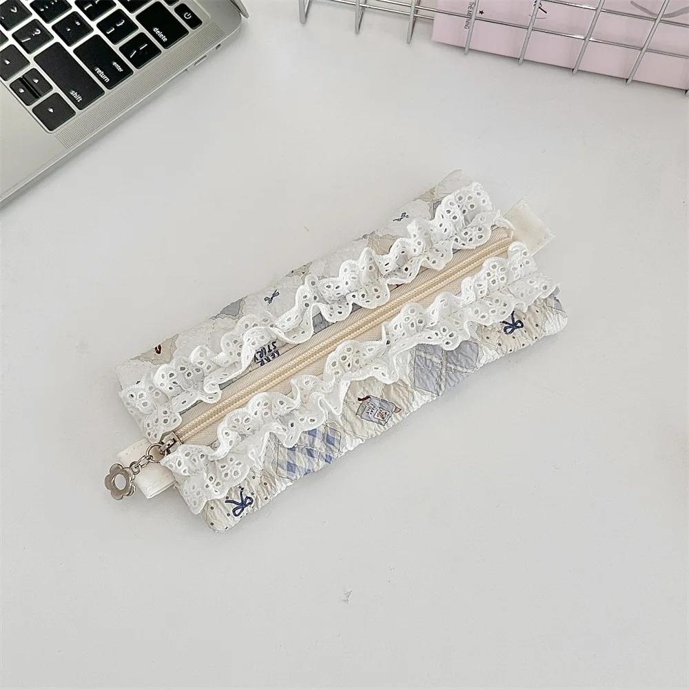 Cute Lace Ruffle Pencil Case for Kids Girl Sweet Cartoon Makeup Brush Organizer Large Capacity Soft Fabric Stationery Storage