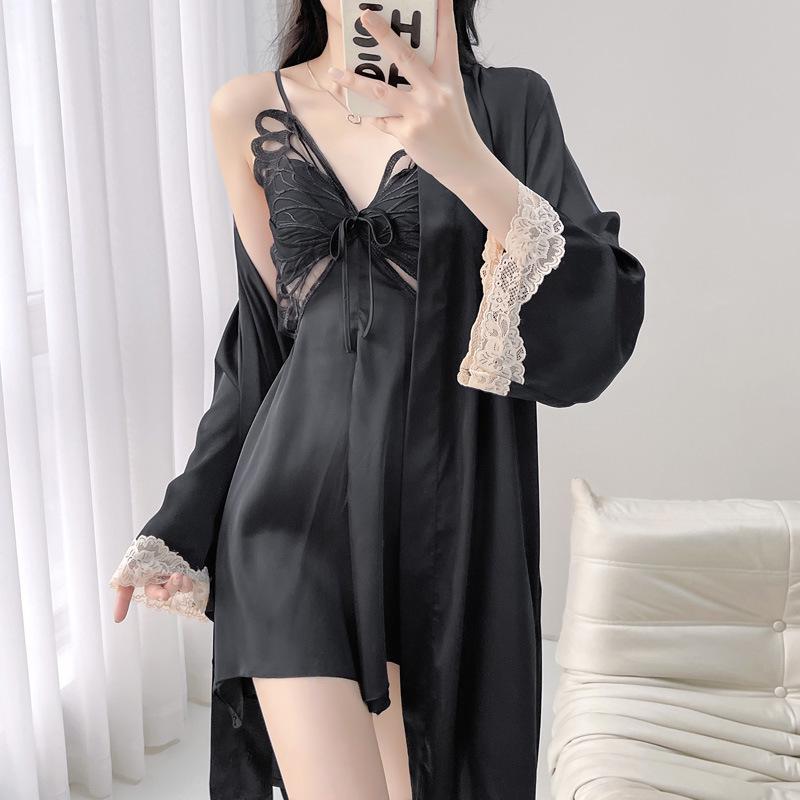 Butterfly Lace Backless Ice Silk Pajamas with Chest Pads – Women's Thin Sexy Camisole for Summer, Spring, and Autumn Nights