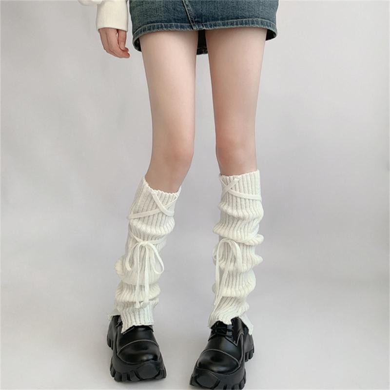 Girls Lolitas Leg Warmers Bows Lace Up Knit Flared Leg Sleeves Goth Baggy Cuffs Ankle Heap Socks JK Uniform Foot Cover