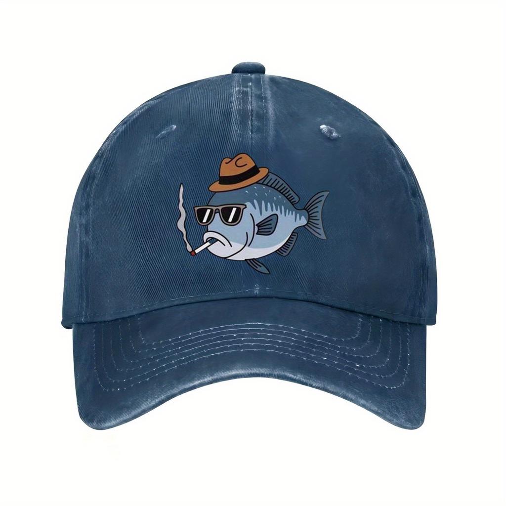 Cool Smoking Fish with Hat and Sunglasses Baseball Cap Funny Animal Print Casual Outdoor Sun Hat Unisex
