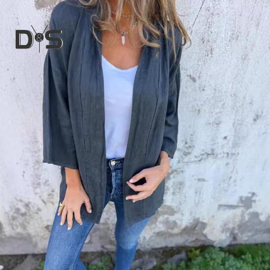 Women Coat Loose Fit Basic Collar Long Sleeve Top Solid Color Open Front Outwear Spring Autumn Casual Daily Wear