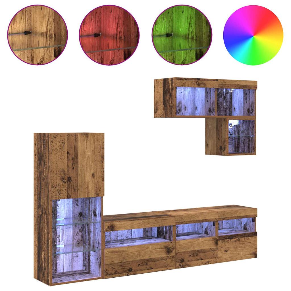 Wall Mounted TV Units with LED Light Strips 6 pcs Reclaimed Wood Effect Particleboard