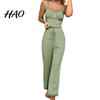 Women Pajamas 2 Pcs/Set Pants Top Suit Low-cut V Neck Sleeveless Solid Color Shirring Drawstring High Sleepwear Set Elastic Waist Lace Summer Homewear