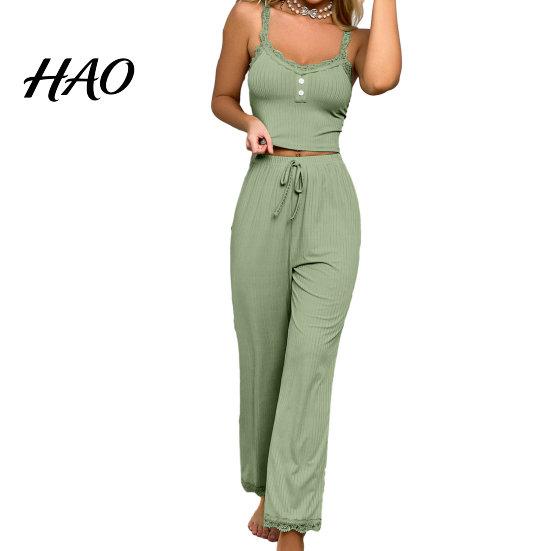 Women Pajamas 2 Pcs/Set Pants Top Suit Low-cut V Neck Sleeveless Solid Color Shirring Drawstring High Sleepwear Set Elastic Waist Lace Summer Homewear