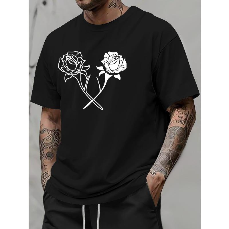 

European sizes New Summer Rose Element Print Men s Pattern Print Base Layer T-Shirt Summer Short Sleeve Top Inner Lining S чёрный