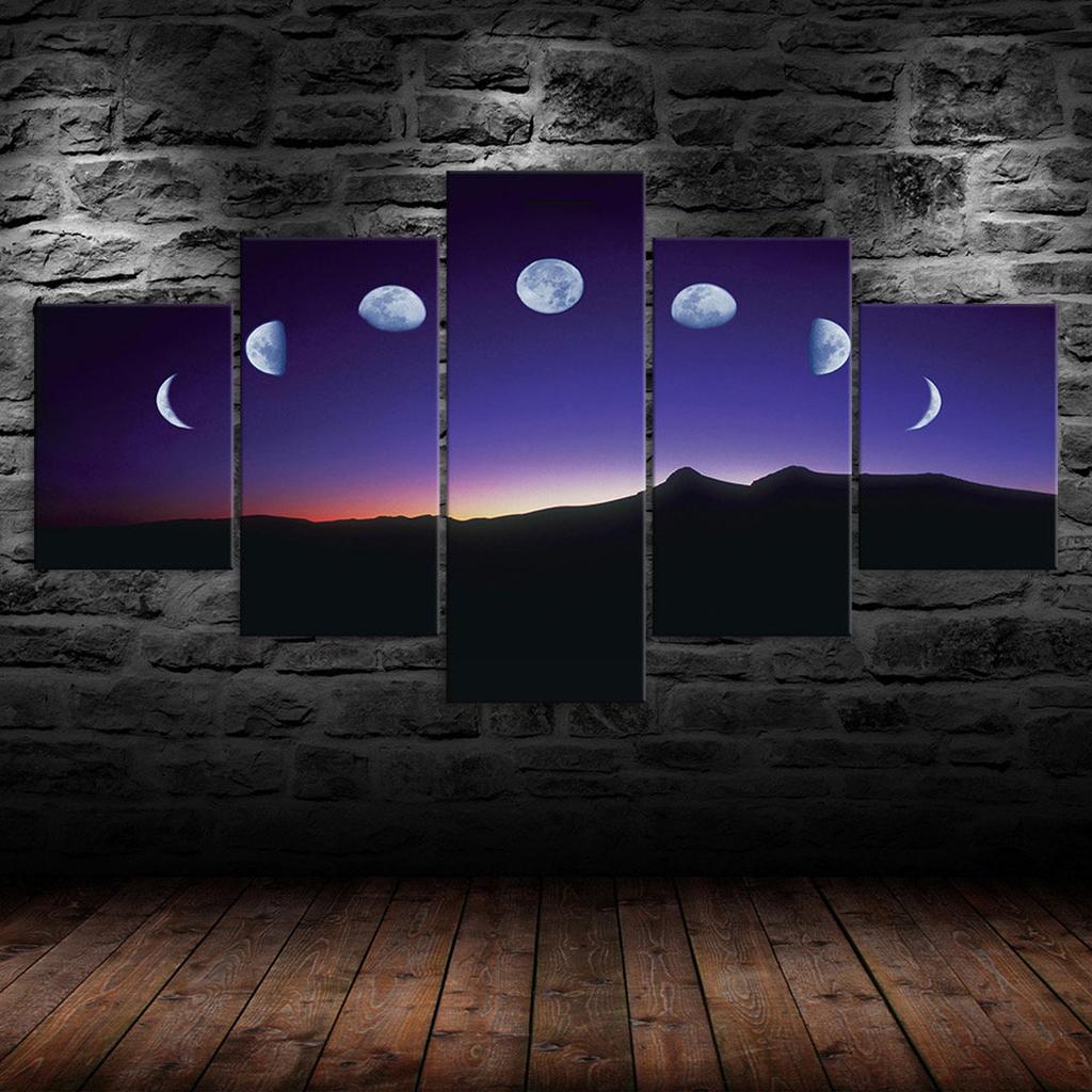 Moon Lunar Phases Night Sky Mountains Landscape 5 Piece Five Panel Canvas Print Modern Wall Art Poster Home Decor Gift For Him For Her
