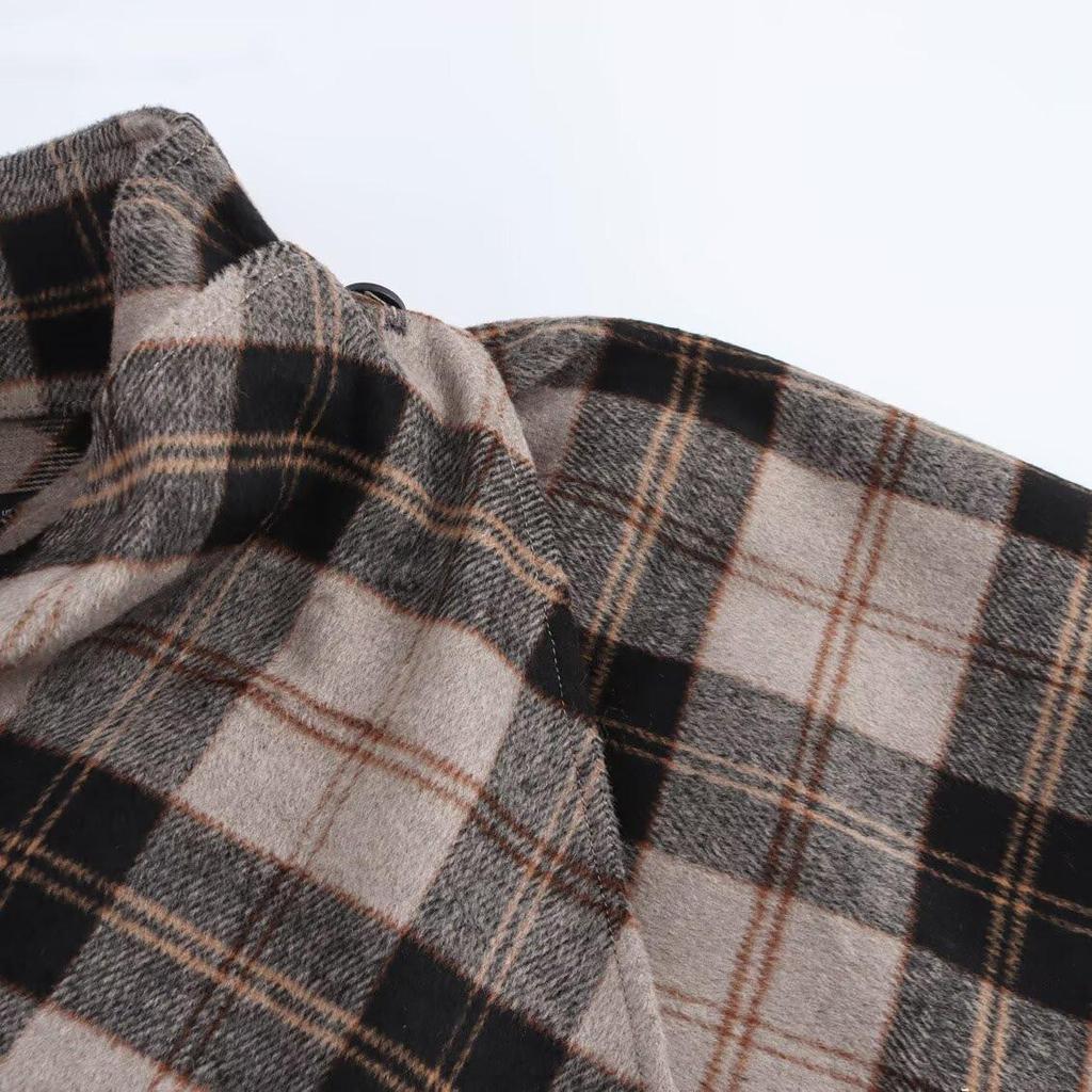2025 Spring Women's Casual Color Block Plaid High Neck Cape Coat