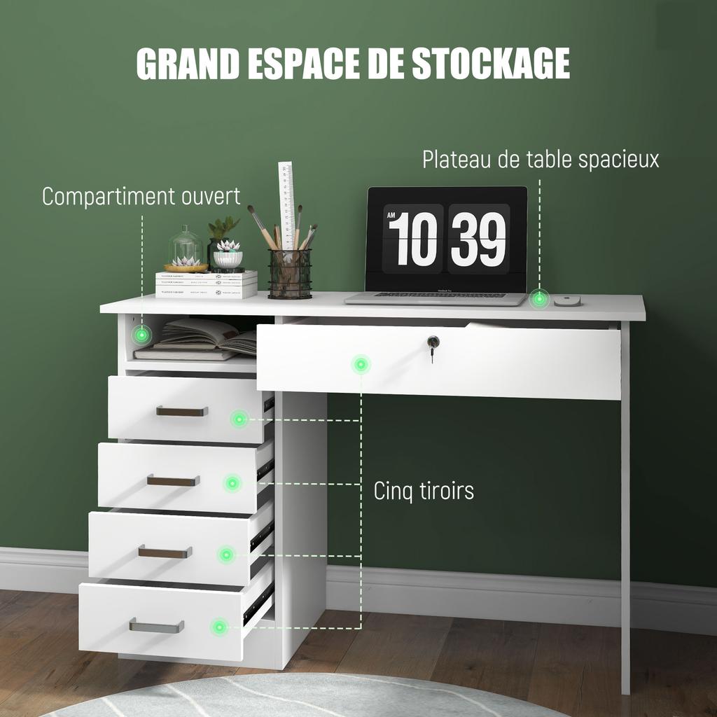 Modern Desk, 5 Drawers, 1 Open Compartment, Lockable, 110 x 50 x 76 cm, White