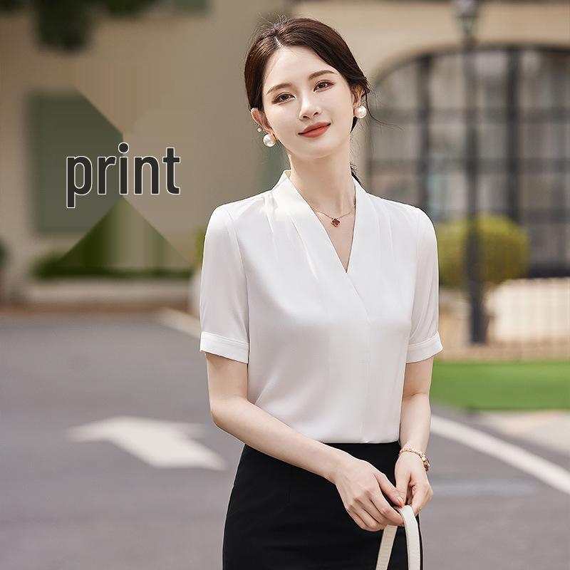 White Women's V-Neck Short Sleeve Shirt - Summer Professional Wear for a Goddess Style