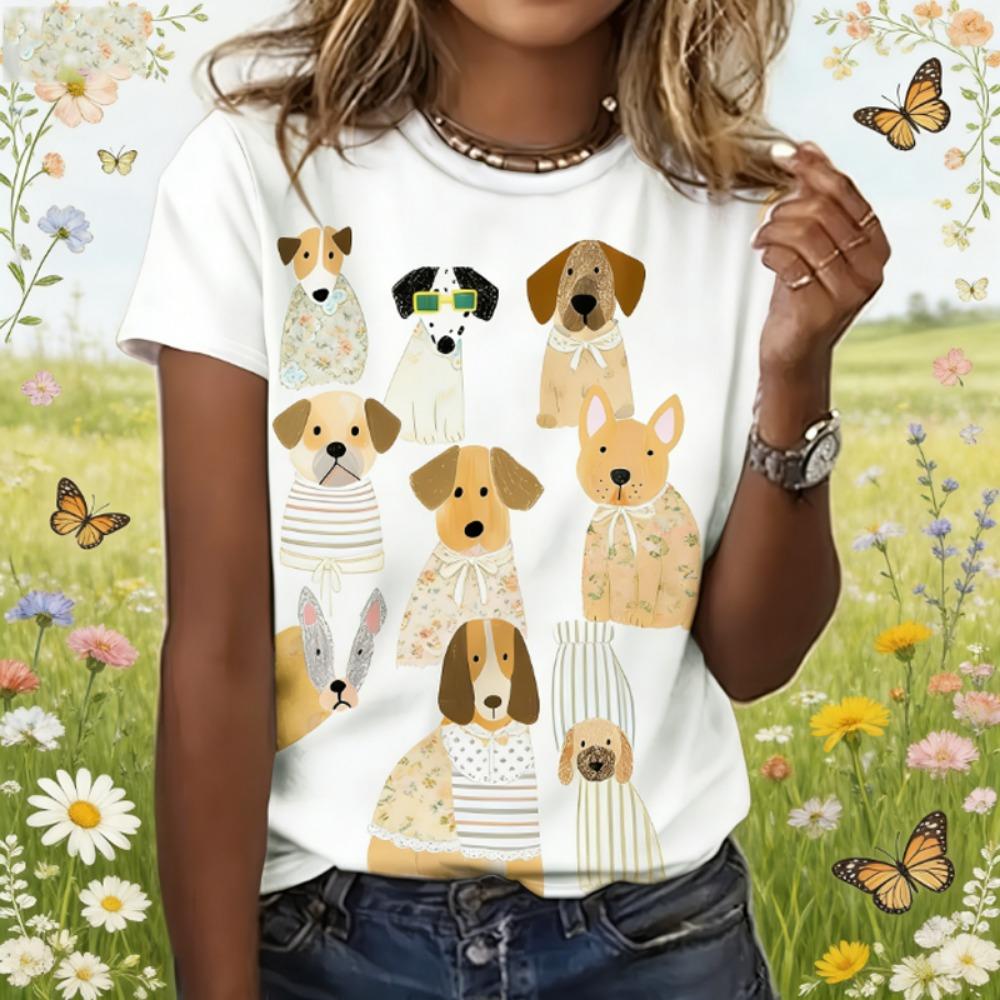 Lady Cute T-shirts Crew Neck Short Sleeve Cartoon Dog Print T Shirt Women's Outfits Casual Daily Wear