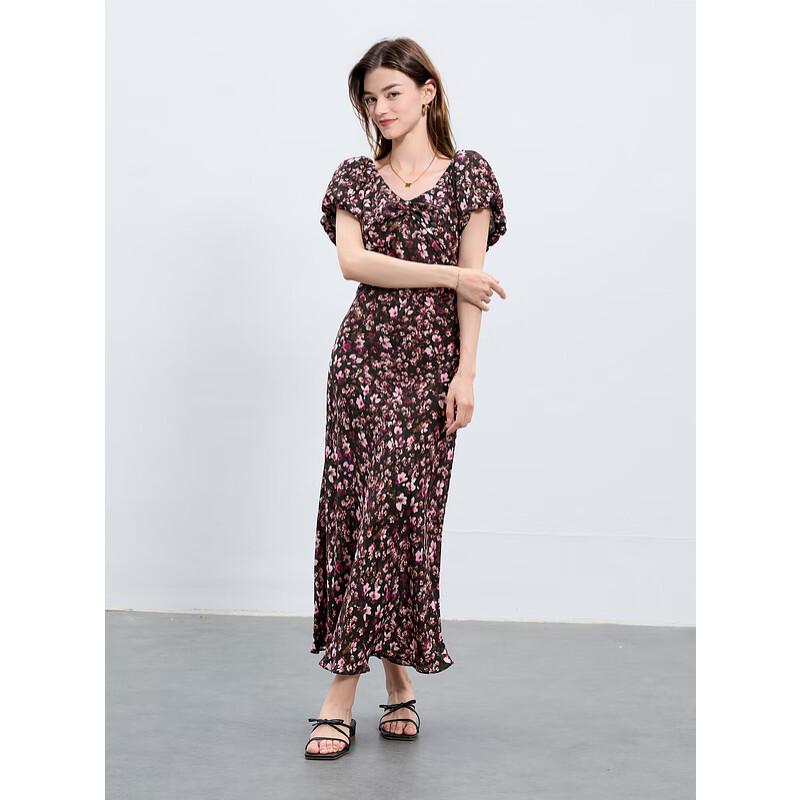 Sancai 2025 Summer V-neck Floral Bubble Sleeve A-line Maxi Dress