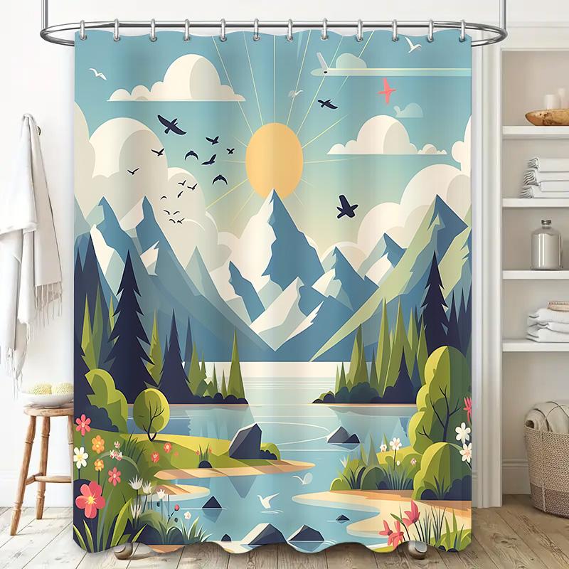 

Nature Scenery Shower Curtain Mountain Lake Sunflower Birds Print Bathroom Decor Waterproof Polyester Curtain With Hooks W60H190(CM)-1 Pcs