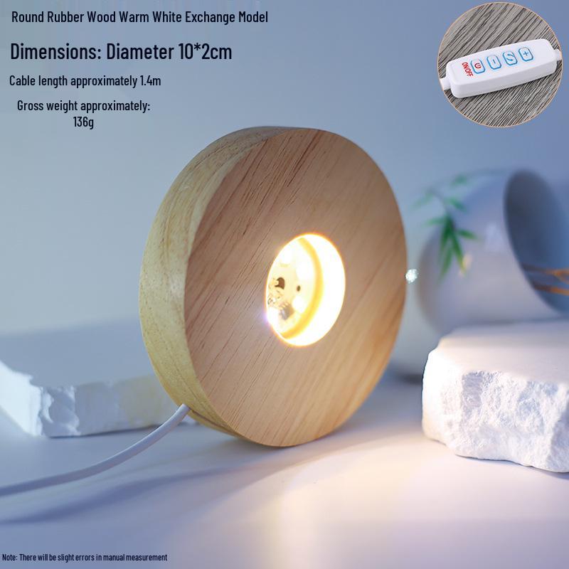 Round LED Night Light with Luminous Crystal Ball and Wooden Base for Bedroom