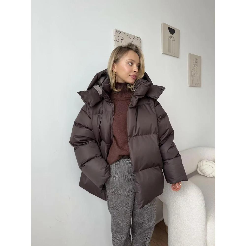 Fashion Thicken Hooded  Down Cotton Jacket for Women Long Sleeve Snow Coat Warm High Street Loose Parkas Oute