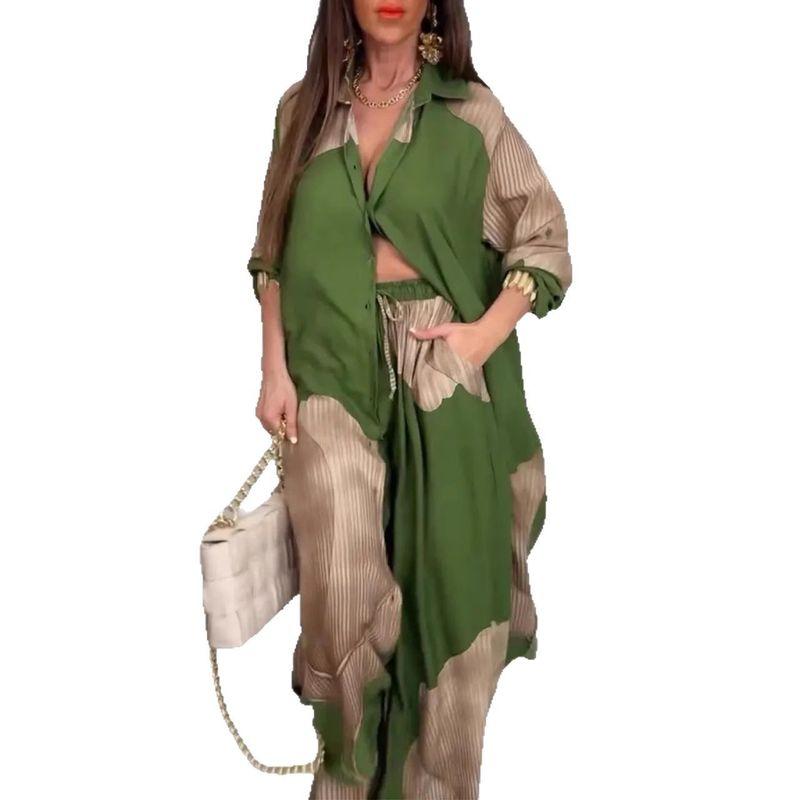 2025 European and American Print Women Cardigan Print Top and Pants Commuter Leisure Set