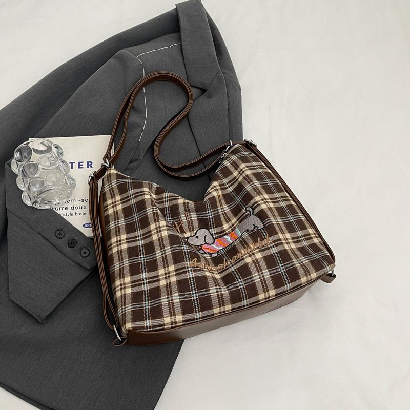 Large Capacity Backpack Women's Commuter Bag Plaid Tote Bag Cartoon Dog Shoulder Bag