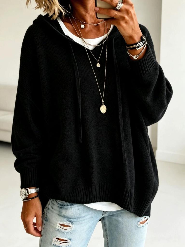 2026 European & American Women's Hooded Drawstring Long Sleeve Wool Knit Sweater