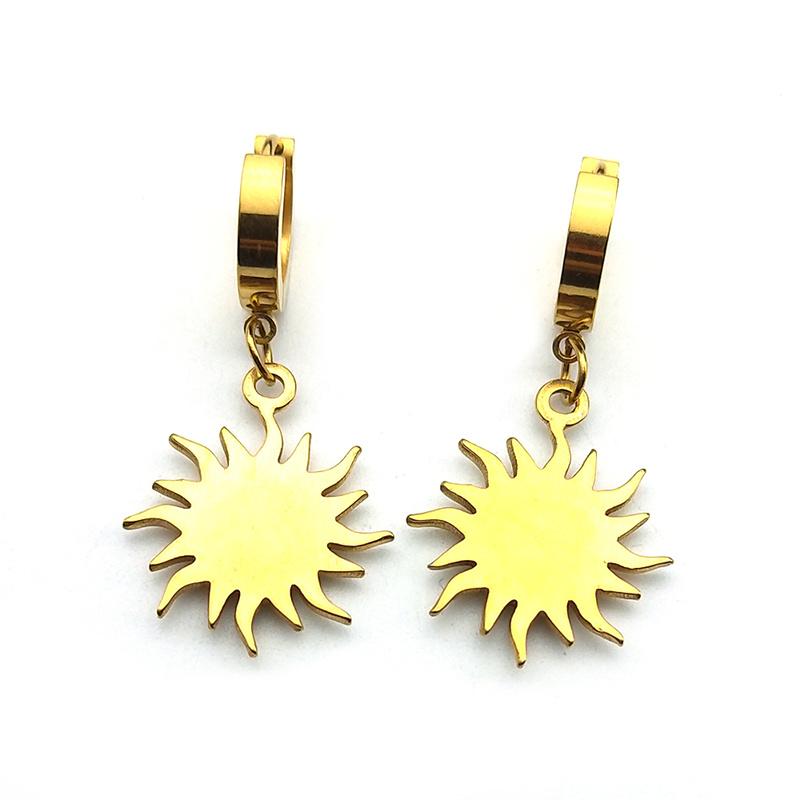 Vintage Sun Pendant Hoop Earrings Female Men Stainless Steel Gold Color Geometric Earring Hip Hop Ear Hoops Piercing Jewelry