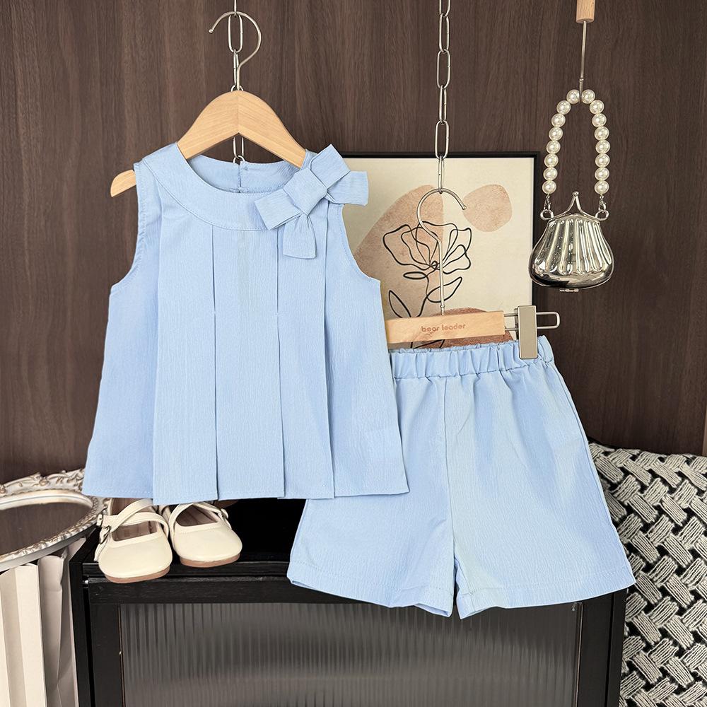 Girls' Outfit Solid Color New Korean Style Bow Pleated Sleeveless Top Shorts Two-Piece Set for Young Girls Summer Children's Clothing