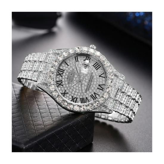Ladies Quartz Watch Round Dial Alloy Rhinestone Decor Roman Umber Calendar No Delay Time-checking High Accuracy Business Commute Wristwatch