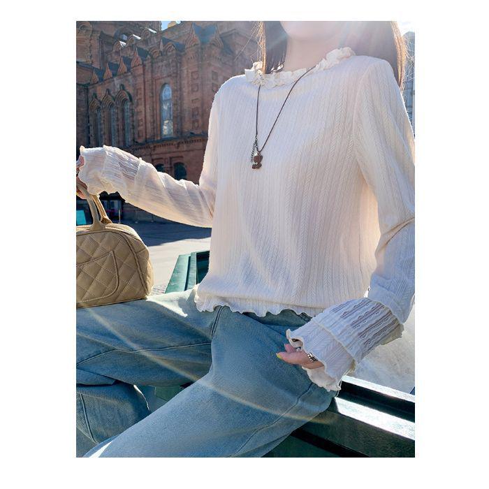 Korean Style Apricot Lace Long Sleeve Top Women s Autumn/Winter M абрикосовый