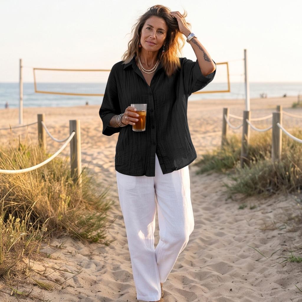 Women's Cotton Linen Loose Fit Color Single Breasted Casual Button Down Shirt for Commute