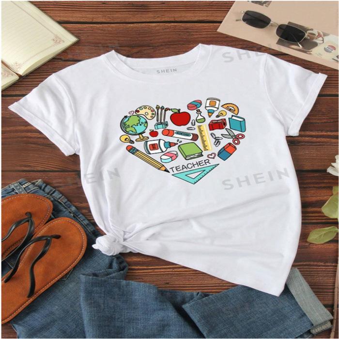 Summer Round Neck Printed Top Fashionable Casual Cute Short Sleeved Women's Pure Cotton T-shirts