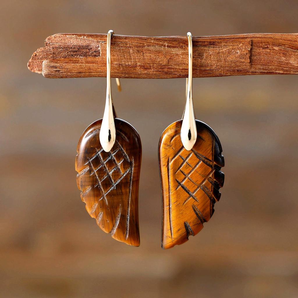 Personalized natural stone crystal wings copper plated real gold ear hook atmosphere design European and American jewelry gifts