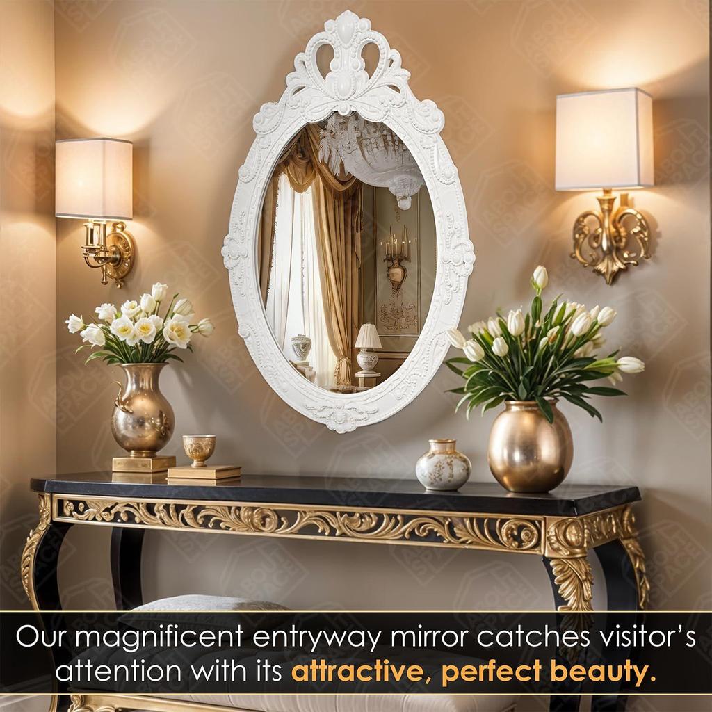 Koupelnová stěna s ozdobným designem Oválný tvar Vintage nástěnná dekorace pro koupelnu, ložnici, toaletní stolek, foyer (Bílá - V 57,5 x Š 39 cm)