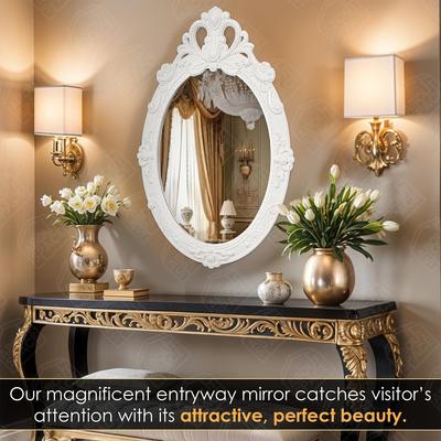 Badrumsvägg med utsmyckad design Oval form Vintage väggmonterad dekor för badrum, sovrum, sminkbord, foajé (Vit - H 57,5 x B 39 cm)